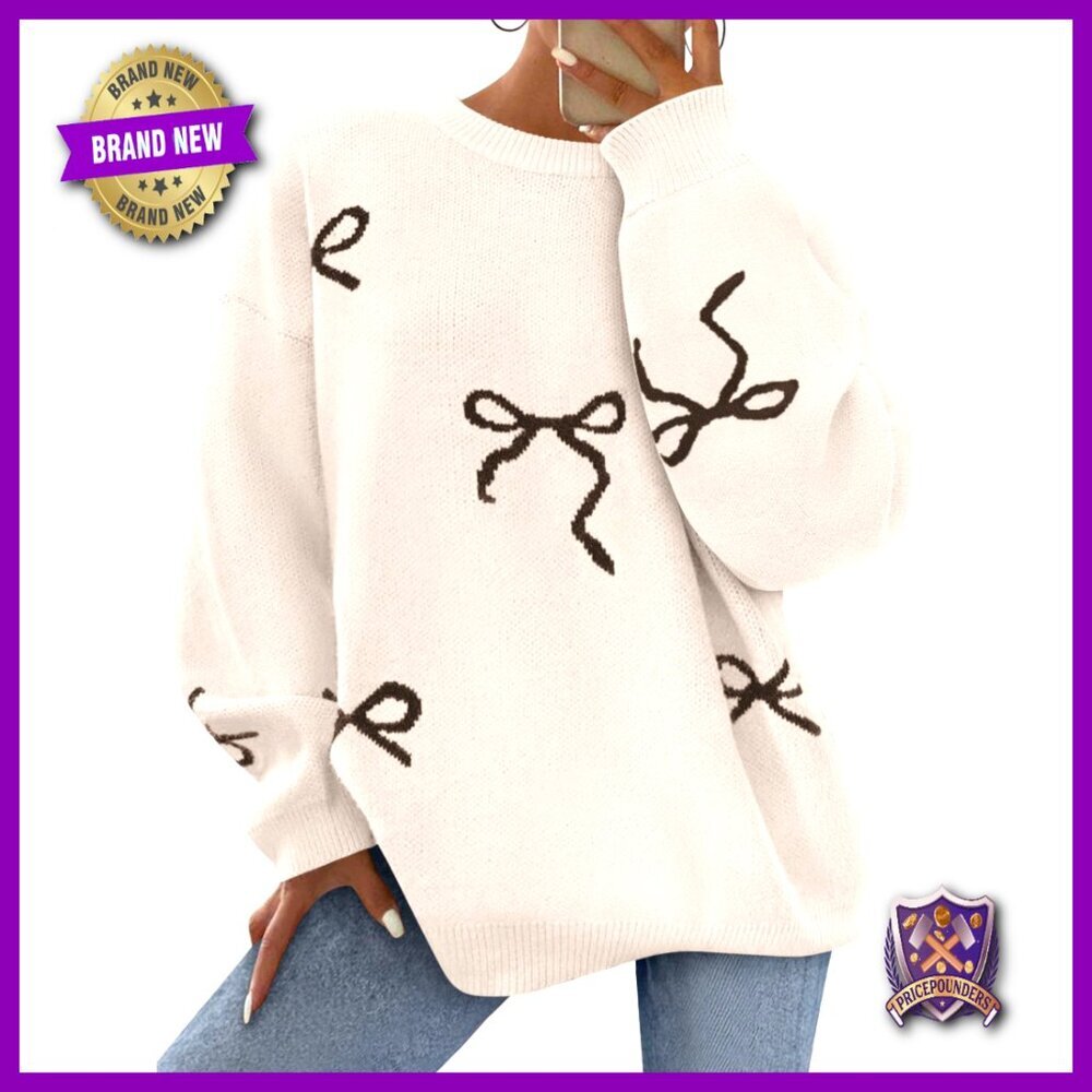Oversized Chunky Knit Pullover Sweater Y2K Trendy Crewneck Bow Design